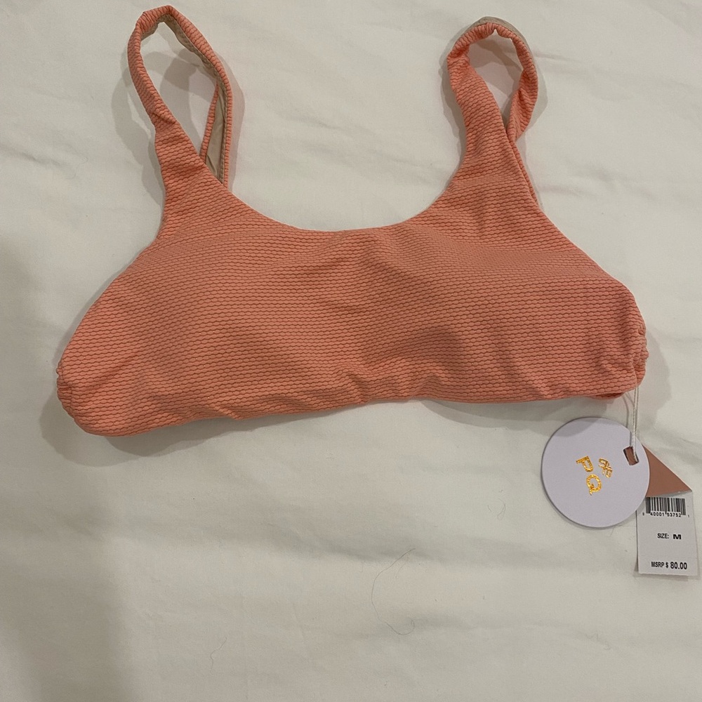 PQ Swim Vibrant Coral Shimmer Bikini Top with Gold Rings on sides!